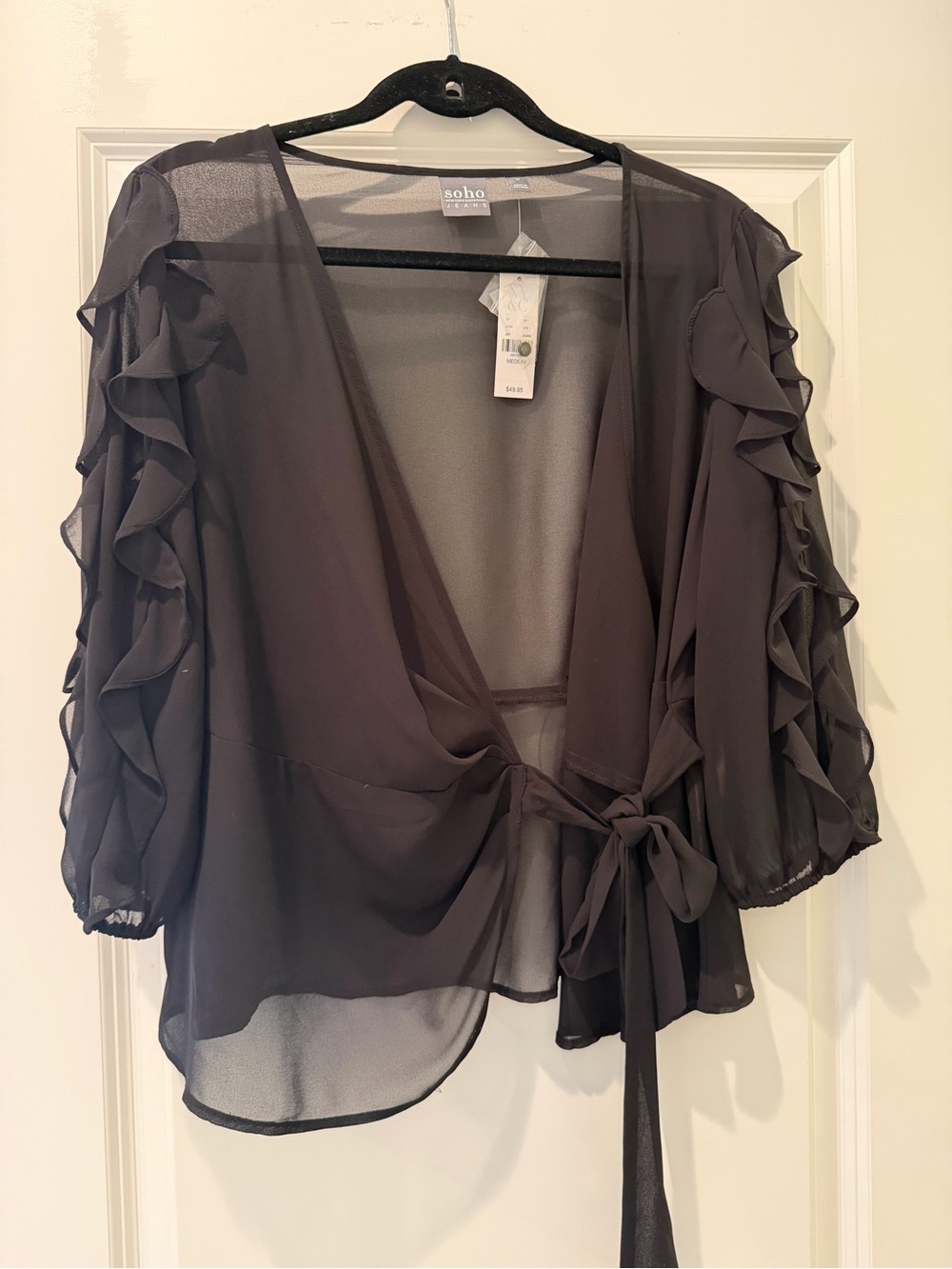 New York & Company Black Ruffle-Sleeve Tie-Waist Blouse